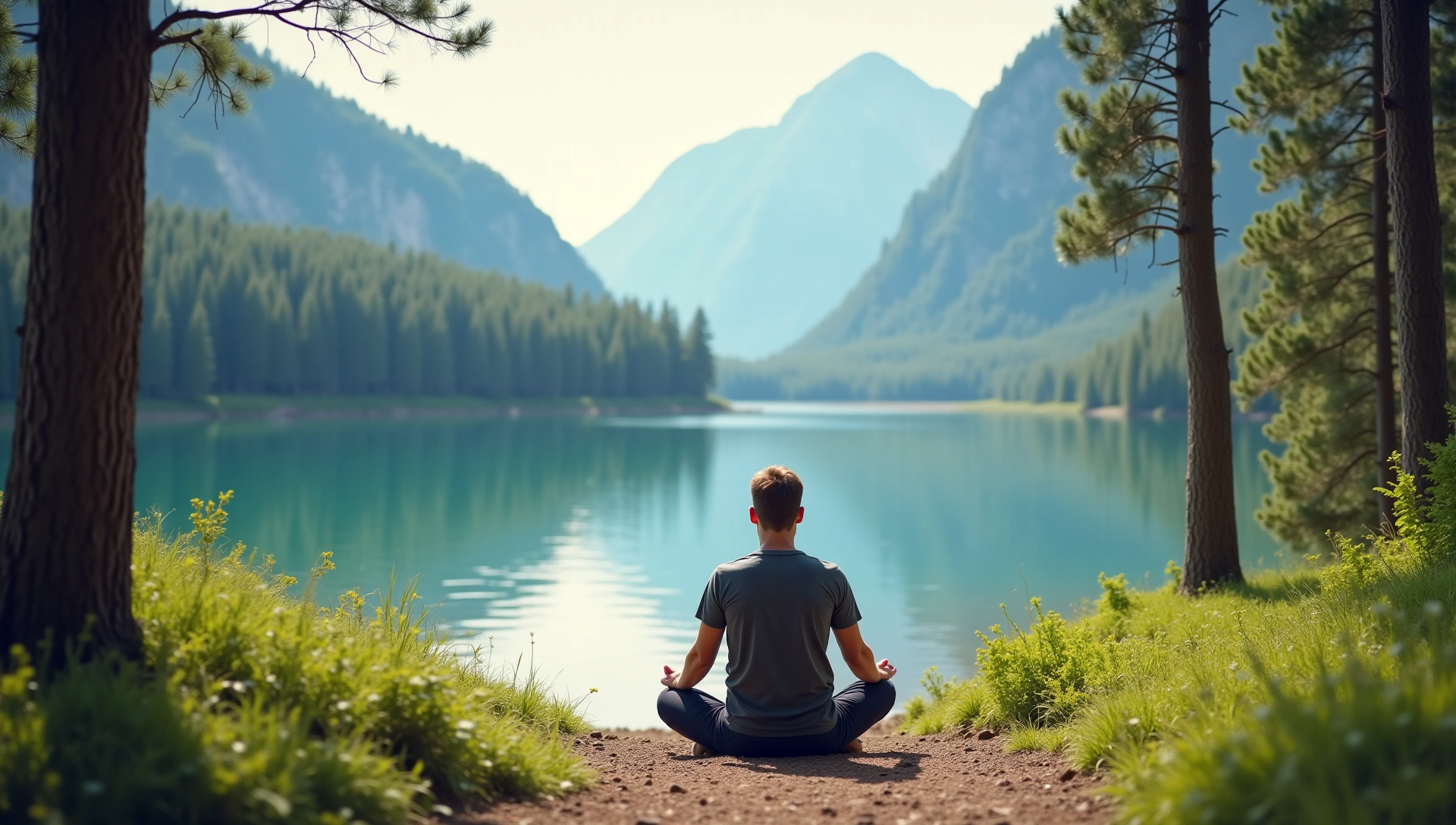 A man enjoying an active, healthy lifestyle in nature, perhaps running on a trail or meditating by a mountain lake.